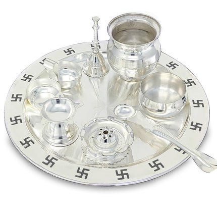 BENGALEN Pooja Thali Set Silver Plated with Blue Gift Box Designed Puja Plate Kalash Bowl Haldi Kumkum Stand Ghanti Dhup Dan Palli Diya for Home Office Diwali Wedding Return Gifts 