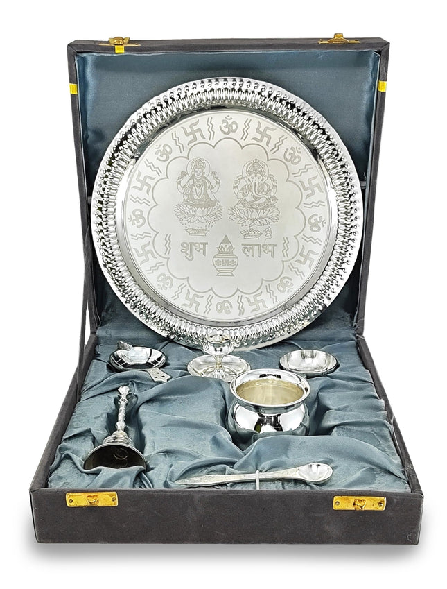 BENGALEN Pooja Thali Set Silver Plated with Grey Gift Box Designed 22 cm Puja Plate Kalash Bowl Ghanti Spoon Dhup Dan Diya for Home Office Diwali Wedding Return Gift Items 
