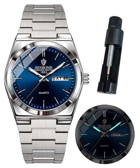 BINBOND Women's Watches Blue Dial with Date Stylish Dress Stainless Steel Analog Quartz Luxury Elegant Ladies Wrist Watch for Girls&Miss Waterproof Luminous 