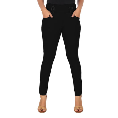 ComfortFit Women's Mid-Waist Jeggings with 2 Front Pockets - Black