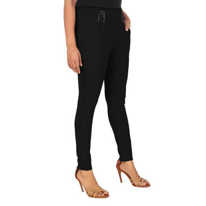 ComfortFit Women's Mid-Waist Jeggings with 2 Front Pockets - Black
