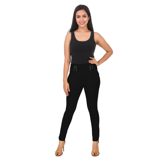 ComfortFit Women's Mid-Waist Jeggings with 2 Front Pockets - Black 