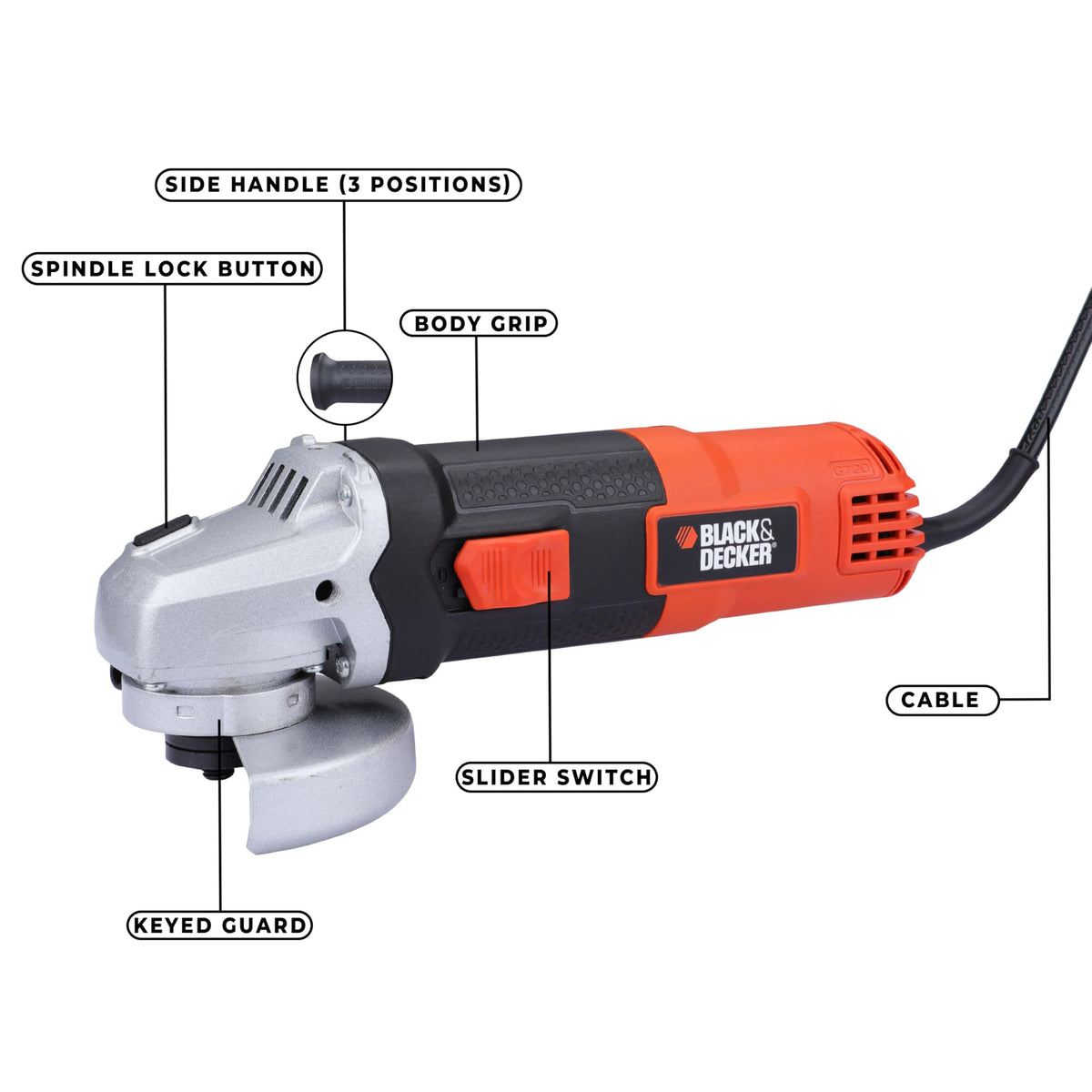 BLACK+DECKER G720R-IN,820 Watts, 4 inch (100mm), Angle Grinder (Corded) for Grinding, Polishing and Cutting with Spindle Lock and Slide Switch, 1 Year Warranty (SIDE HANDLE INCLUDED) 