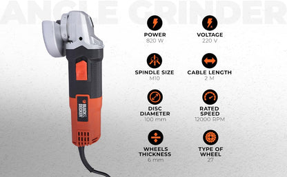BLACK+DECKER G720R-IN,820 Watts, 4 inch (100mm), Angle Grinder (Corded) for Grinding, Polishing and Cutting with Spindle Lock and Slide Switch, 1 Year Warranty (SIDE HANDLE INCLUDED) 