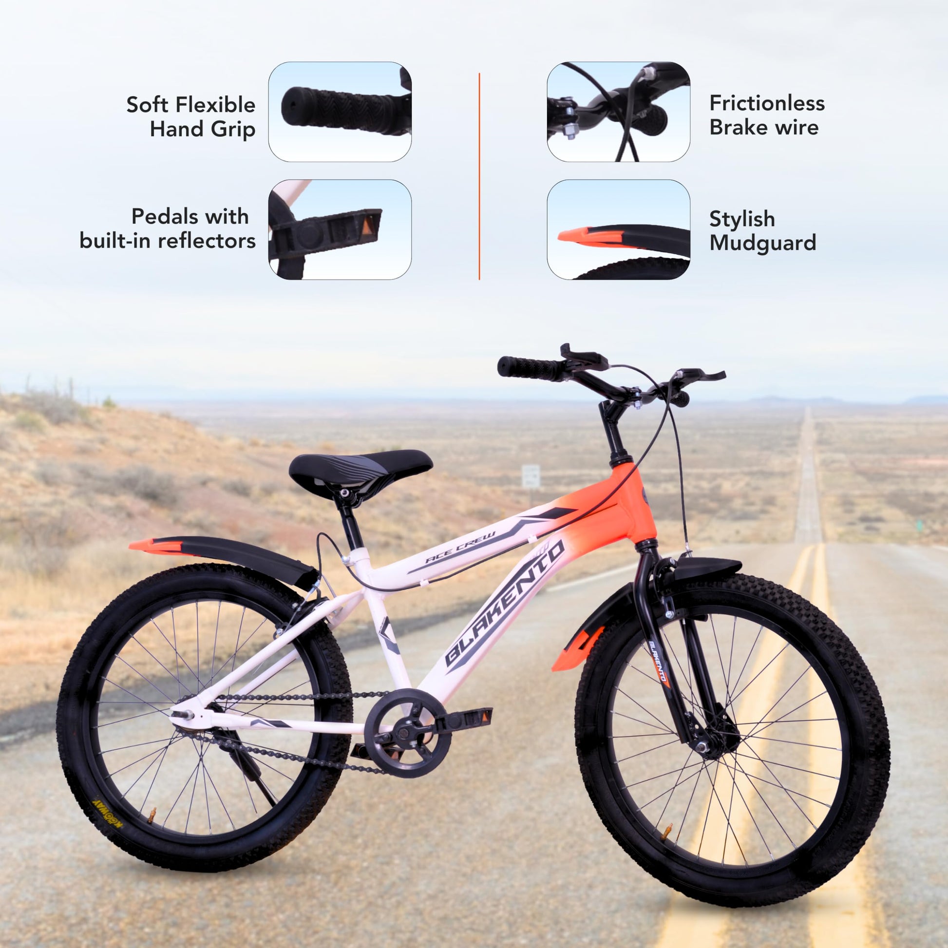 BLAKENTO Kids Cycle for Girls and Boys |20T Ace Crew Cycle for Kids 6 to 9 Years| Premium Matte Finished White & Orange 