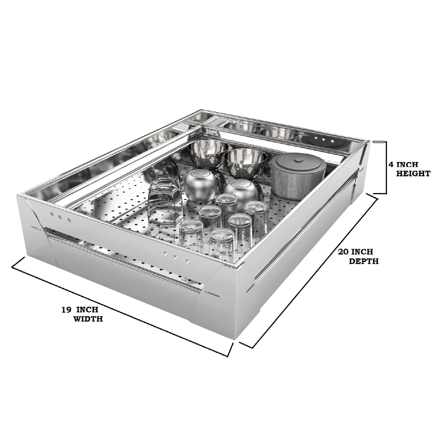 BLOO BASKET 202 Stainless Steel Modular Kitchen Basket Rectangular Sheet Perforated Size 4" / 6" / 8" Plain Set of 3(WITH CHANNEL, 19 INCH WIDTH * 20 INCH DEPTH) 