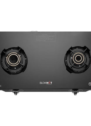 BLOWHOT Emerald Heavy Tornado Brass 2 Burner Auto Ignition Gas Stove - Toughened Glass Cook Top -ISI certified- Black Powder Coated Body - 2 Year Warranty By Blowhot on Burner, Gas Valve and Glass 