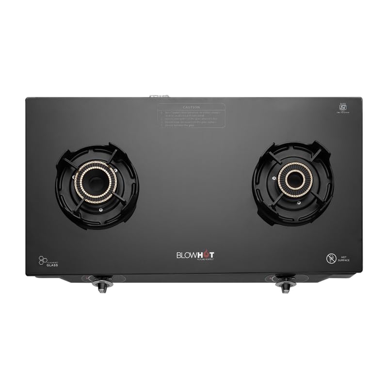 BLOWHOT Emerald Heavy Tornado Brass 2 Burner Auto Ignition Gas Stove - Toughened Glass Cook Top -ISI certified- Black Powder Coated Body - 2 Year Warranty By Blowhot on Burner, Gas Valve and Glass 