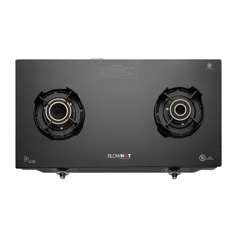 BLOWHOT Emerald Heavy Tornado Brass 2 Burner Auto Ignition Gas Stove - Toughened Glass Cook Top -ISI certified- Black Powder Coated Body - 2 Year Warranty By Blowhot on Burner, Gas Valve and Glass 