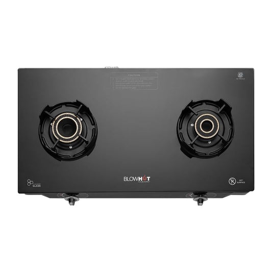 BLOWHOT Emerald Heavy Tornado Brass 2 Burner Auto Ignition Gas Stove - Toughened Glass Cook Top -ISI certified- Black Powder Coated Body - 2 Year Warranty By Blowhot on Burner, Gas Valve and Glass 