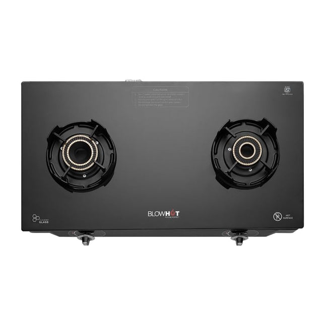 BLOWHOT Emerald Heavy Tornado Brass 2 Burner Auto Ignition Gas Stove - Toughened Glass Cook Top -ISI certified- Black Powder Coated Body - 2 Year Warranty By Blowhot on Burner, Gas Valve and Glass 