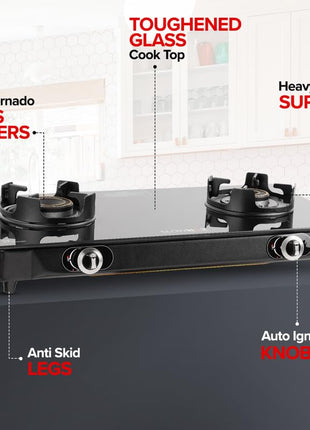 BLOWHOT Emerald Heavy Tornado Brass 2 Burner Auto Ignition Gas Stove - Toughened Glass Cook Top -ISI certified- Black Powder Coated Body - 2 Year Warranty By Blowhot on Burner, Gas Valve and Glass 