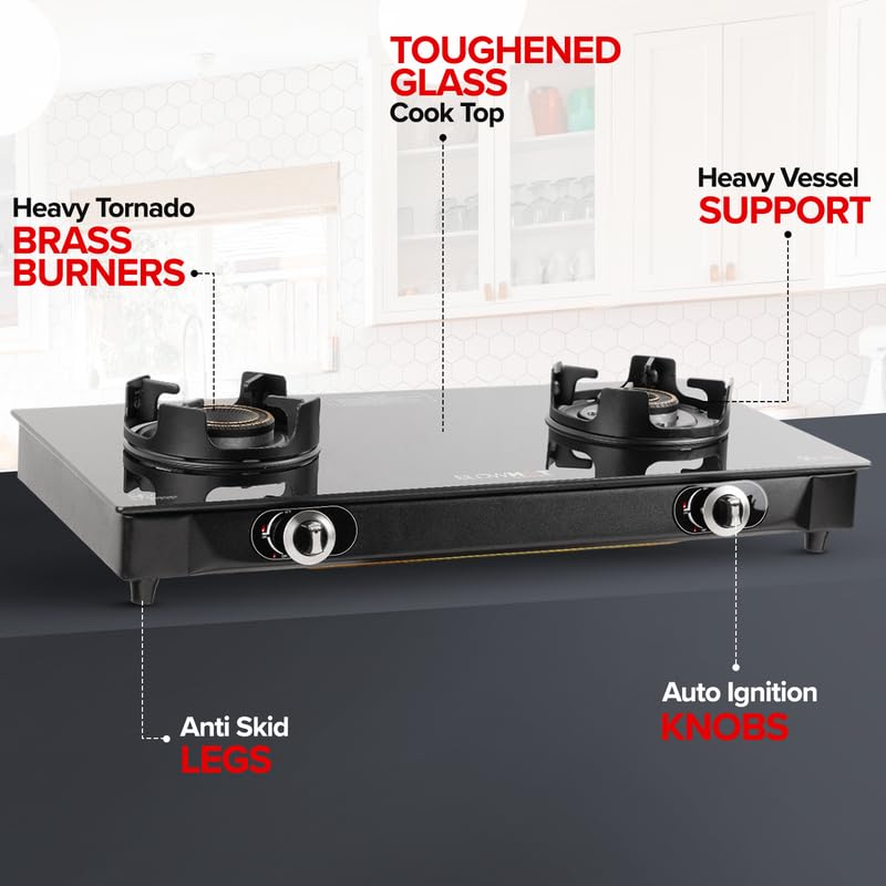 BLOWHOT Emerald Heavy Tornado Brass 2 Burner Auto Ignition Gas Stove - Toughened Glass Cook Top -ISI certified- Black Powder Coated Body - 2 Year Warranty By Blowhot on Burner, Gas Valve and Glass 