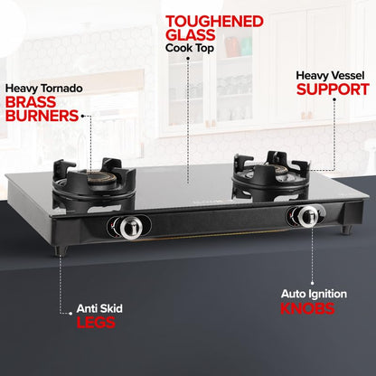 BLOWHOT Emerald Heavy Tornado Brass 2 Burner Auto Ignition Gas Stove - Toughened Glass Cook Top -ISI certified- Black Powder Coated Body - 2 Year Warranty By Blowhot on Burner, Gas Valve and Glass 