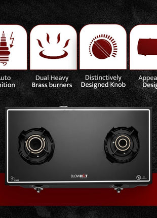 BLOWHOT Emerald Heavy Tornado Brass 2 Burner Auto Ignition Gas Stove - Toughened Glass Cook Top -ISI certified- Black Powder Coated Body - 2 Year Warranty By Blowhot on Burner, Gas Valve and Glass 