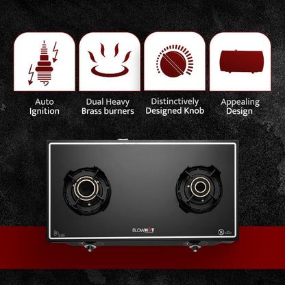 BLOWHOT Emerald Heavy Tornado Brass 2 Burner Auto Ignition Gas Stove - Toughened Glass Cook Top -ISI certified- Black Powder Coated Body - 2 Year Warranty By Blowhot on Burner, Gas Valve and Glass 