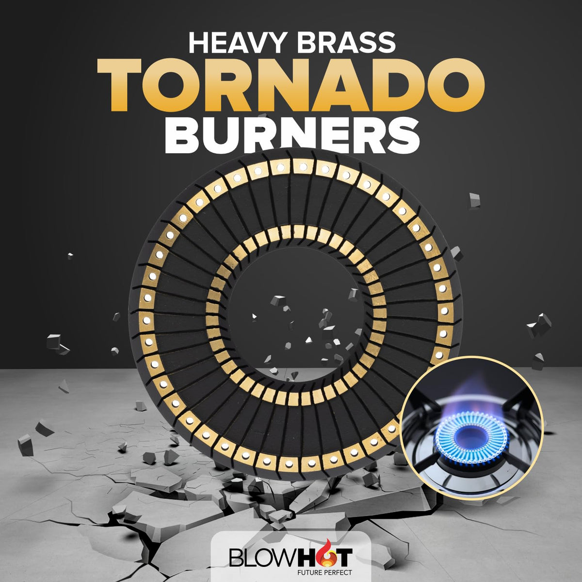 BLOWHOT Emerald Heavy Tornado Brass 2 Burner Auto Ignition Gas Stove - Toughened Glass Cook Top -ISI certified- Black Powder Coated Body - 2 Year Warranty By Blowhot on Burner, Gas Valve and Glass 