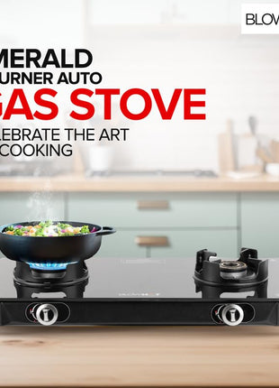 BLOWHOT Emerald Heavy Tornado Brass 2 Burner Auto Ignition Gas Stove - Toughened Glass Cook Top -ISI certified- Black Powder Coated Body - 2 Year Warranty By Blowhot on Burner, Gas Valve and Glass 