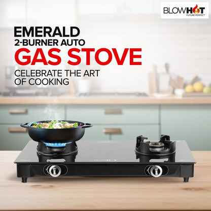 BLOWHOT Emerald Heavy Tornado Brass 2 Burner Auto Ignition Gas Stove - Toughened Glass Cook Top -ISI certified- Black Powder Coated Body - 2 Year Warranty By Blowhot on Burner, Gas Valve and Glass 