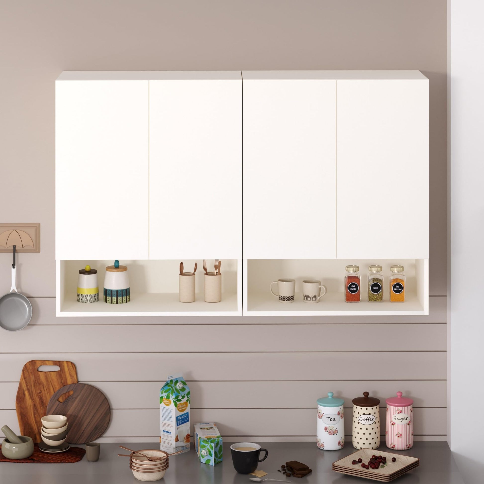 BLUEWUD Opryt with Shelf Two Kitchen Cabinet Rack, Wall Mounted Storage Crockery Cabinet Unit for Kitchen Utensils, Jars, Spices,Modular Cupboard for Home & Kitchen DIY (White)(Set of 2) 