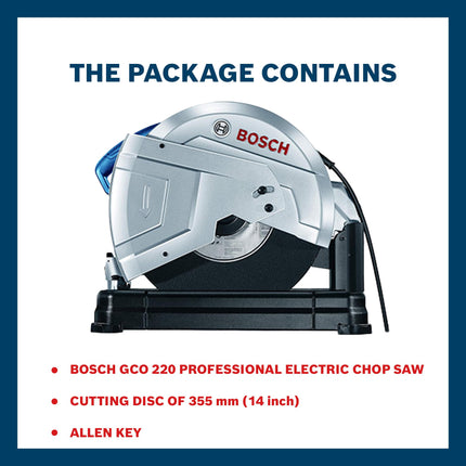 BOSCH GCO 220 Professional Electric Chop Saw | Powerful Cut Off Saw Machine | C-Handle | Rated Power of 2200 W| Speed upto 3800 RPM |Long Lifespan |Disc Diameter 355 mm (14 Inch) | 1 Yr Warranty 