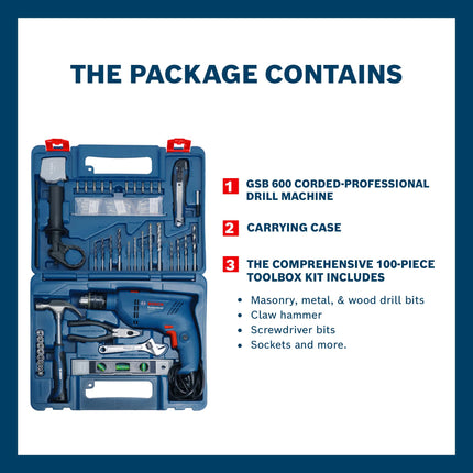 BOSCH GSB 600 Corded Electric Impact Drill, 100Pcs Accessory Set | 600 W Motor | Speed of 3000 RPM | Rated Torque of 1.4 Nm | Impact rate of 48000 BPM | Double Insulation | 1 Year Warranty 