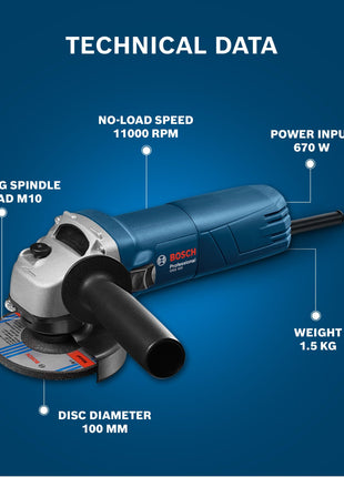 BOSCH Professional GWS 600 Angle Grinder | 670W Power | No-load Speed of 11000 RPM | Versatile Cutting and Grinding Tool | M10 Grinding Spindle Thread | 100 mm Disc | 1 Year Warranty 