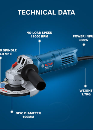 BOSCH Professional GWS 800 Angle Grinder | 800W Power | No-load Speed of 11000 RPM | 2 Cutting and 1 Grinding Wheel| M10 Grinding Spindle Thread | 100 mm Disc | 1 Year Warranty 