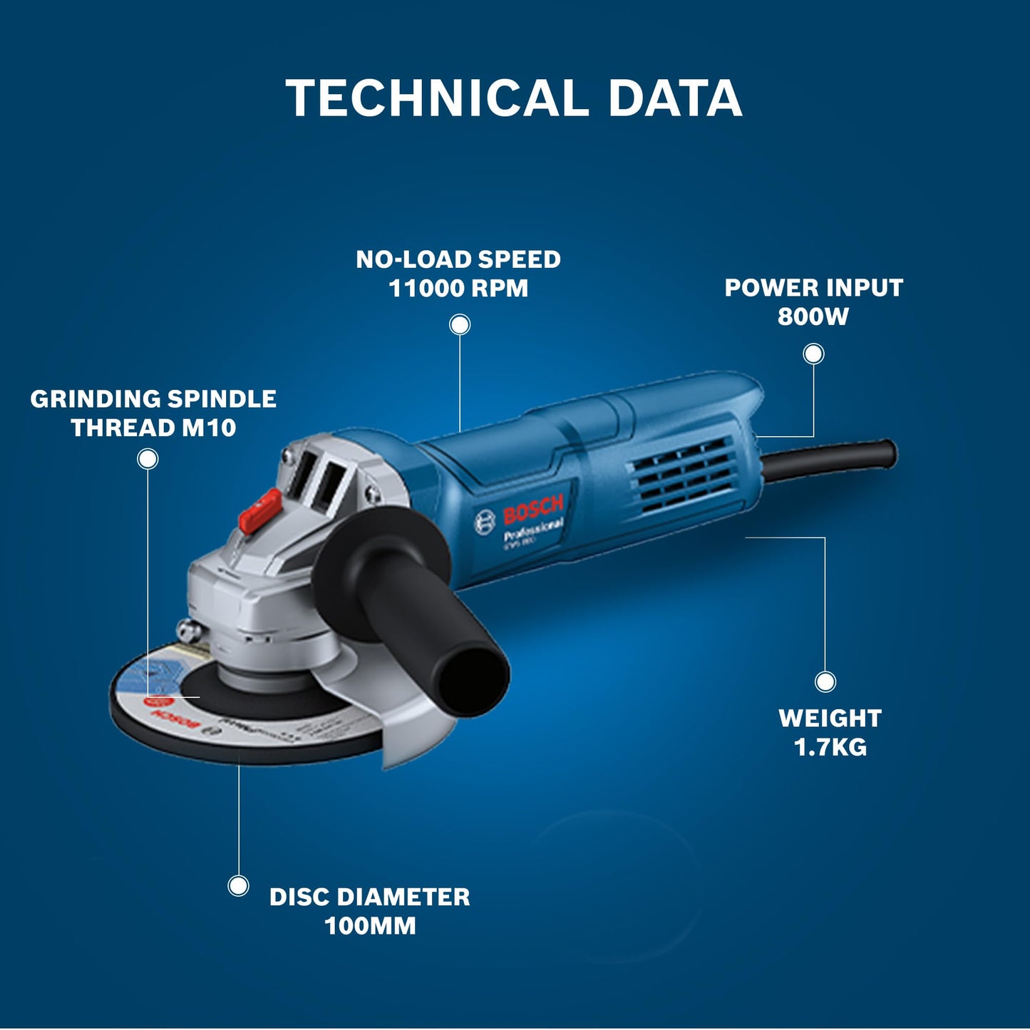 BOSCH Professional GWS 800 Angle Grinder | 800W Power | No-load Speed of 11000 RPM | 2 Cutting and 1 Grinding Wheel| M10 Grinding Spindle Thread | 100 mm Disc | 1 Year Warranty 