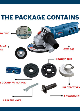 BOSCH Professional GWS 800 Angle Grinder | 800W Power | No-load Speed of 11000 RPM | 2 Cutting and 1 Grinding Wheel| M10 Grinding Spindle Thread | 100 mm Disc | 1 Year Warranty 