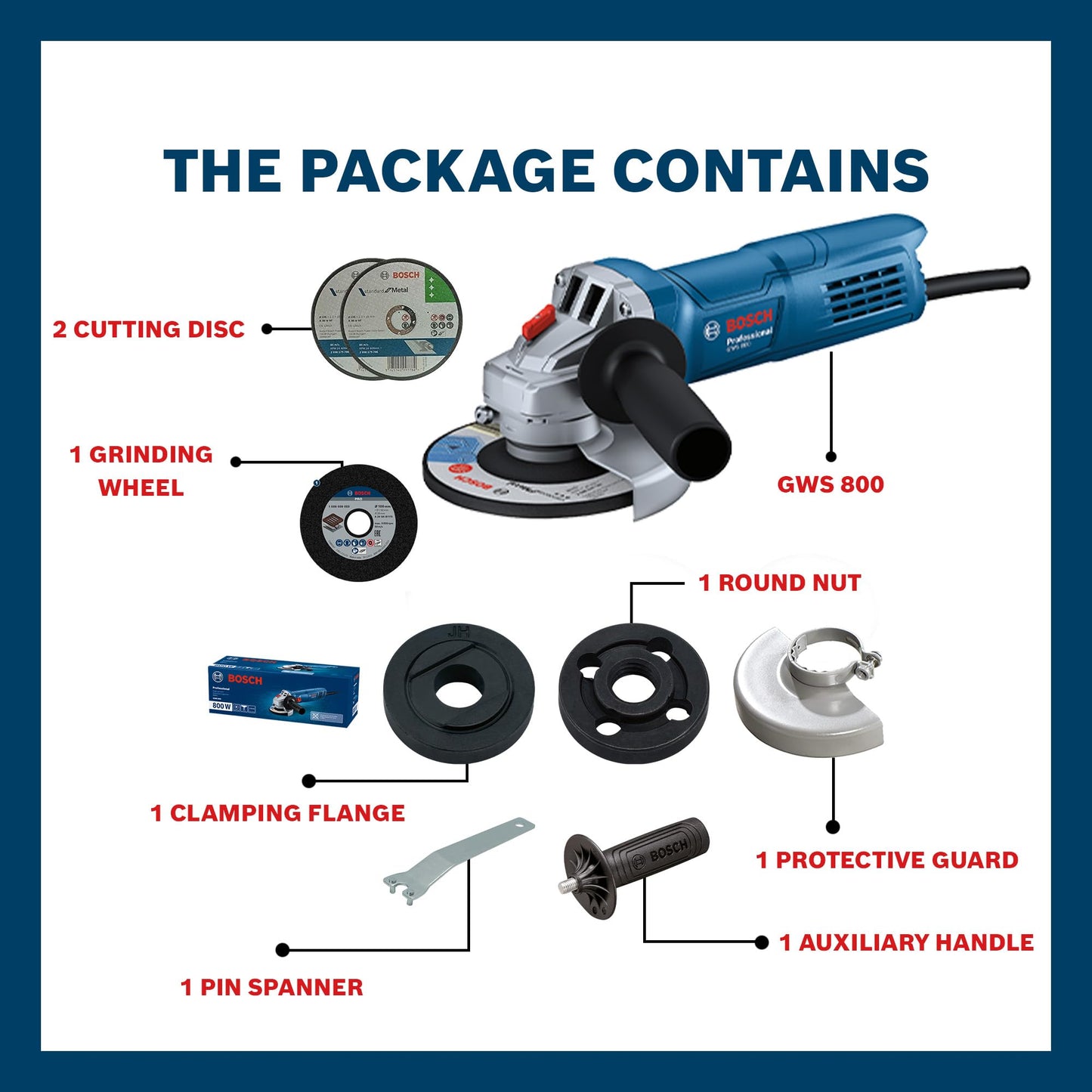 BOSCH Professional GWS 800 Angle Grinder | 800W Power | No-load Speed of 11000 RPM | 2 Cutting and 1 Grinding Wheel| M10 Grinding Spindle Thread | 100 mm Disc | 1 Year Warranty 