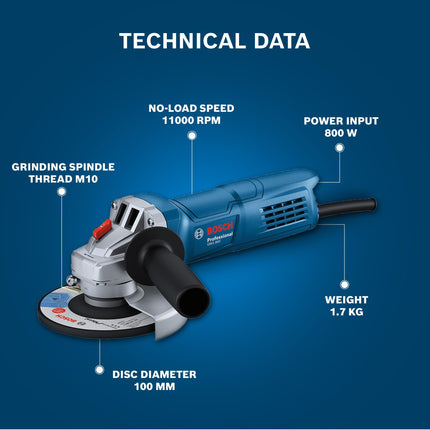 BOSCH Professional GWS 800 Angle Grinder | 800W Power | No-load Speed of 11000 RPM | Versatile Cutting and Grinding Tool | M10 Grinding Spindle Thread | 100 mm Disc | 1 Year Warranty 