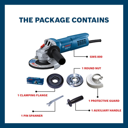 BOSCH Professional GWS 800 Angle Grinder | 800W Power | No-load Speed of 11000 RPM | Versatile Cutting and Grinding Tool | M10 Grinding Spindle Thread | 100 mm Disc | 1 Year Warranty 
