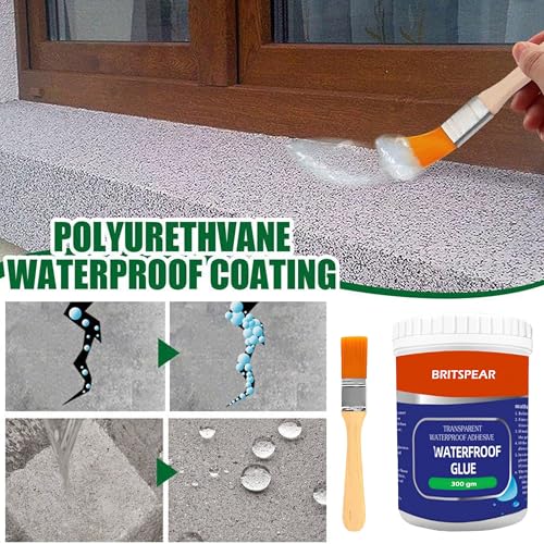BRITSPEAR Waterproof Transparent Crack Seal Glue 300gm, Brush for Roof Leaks Waterproofing Transparent Glue for Pipe Wall Tiles and Crack Sealant Roof Water Leakage Solution (PACK 1 | 300gm) 