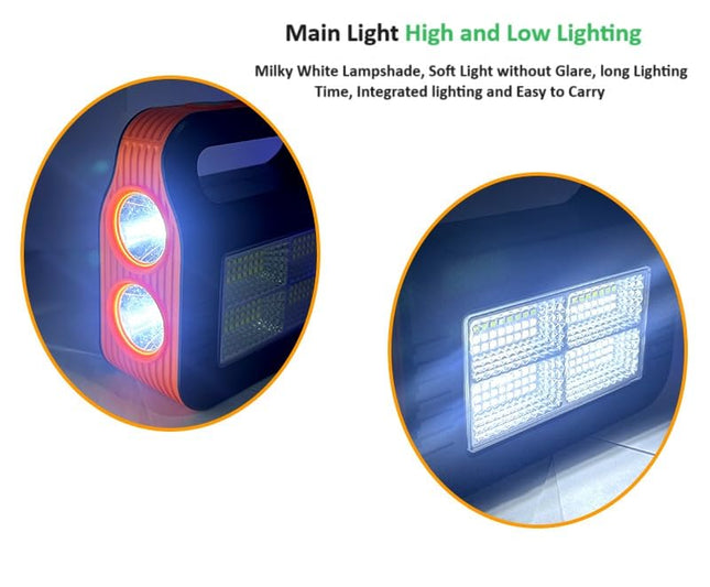 BROGBUS Rechargeable Solar Portable Inverter with 3 Individual 2 Volt Led Bulbs with 3.75 Meter Long Wire & AC/DC USB Socket with Solar Panel (Green,Orange) 