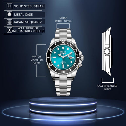 BRUNO MILANO Luxury Stainless Steel Sports Business Wrist Analog Watch For Men with Date - Sophisticated and Durable Design | Best Gift | Formal Timeless Stylish Analog Watch For Men (Teal) 