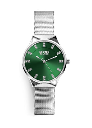 BRUNO MILANO Stylish Analogue Watches Silver Dial Shiny Silver Band for Women and Girls (Green) 
