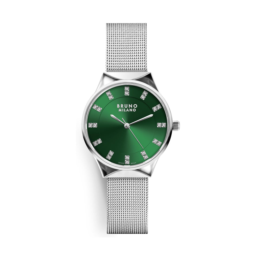 BRUNO MILANO Stylish Analogue Watches Silver Dial Shiny Silver Band for Women and Girls (Green)