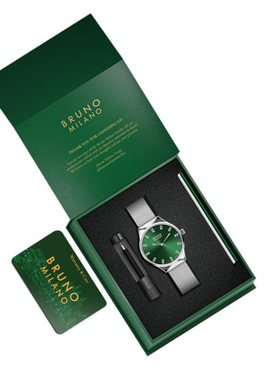 BRUNO MILANO Stylish Analogue Watches Silver Dial Shiny Silver Band for Women and Girls (Green) 