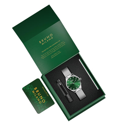 BRUNO MILANO Stylish Analogue Watches Silver Dial Shiny Silver Band for Women and Girls (Green) 