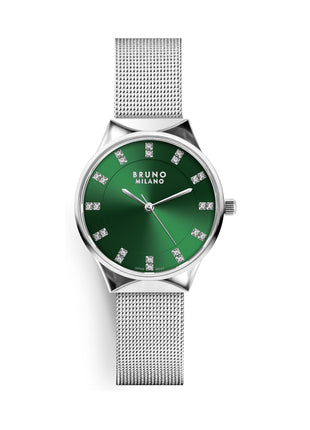 BRUNO MILANO Stylish Analogue Watches Silver Dial Shiny Silver Band for Women and Girls (Green) 