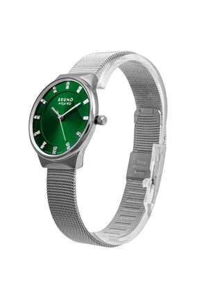 BRUNO MILANO Stylish Analogue Watches Silver Dial Shiny Silver Band for Women and Girls (Green) 