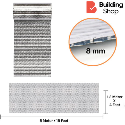 BUILDINGSHOP Aluminium Heat Insulation 300 GSM (8 mm) Sheet - (1.2 Mtr X 5 Mtr) Silver Bubble Sheet Heat Insulation Sheet for Roof Shield for Summer Radiant Barrier Thermal 