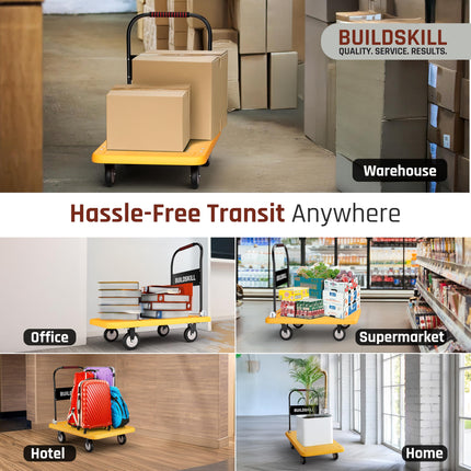 BUILDSKILL 250kg Platform Trolley | 360° Rotating TPR Wheels | 81cm x 57cm Heavy Duty Cushioned Grip Foldable Trolley with Wheels | Metal Beams Support | for Industrial, Warehouse, Office & Home use 