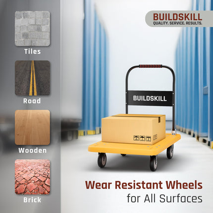 BUILDSKILL 250kg Platform Trolley | 360° Rotating TPR Wheels | 81cm x 57cm Heavy Duty Cushioned Grip Foldable Trolley with Wheels | Metal Beams Support | for Industrial, Warehouse, Office & Home use 