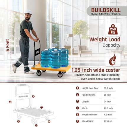 BUILDSKILL 250kg Platform Trolley | 360° Rotating TPR Wheels | 81cm x 57cm Heavy Duty Cushioned Grip Foldable Trolley with Wheels | Metal Beams Support | for Industrial, Warehouse, Office & Home use 