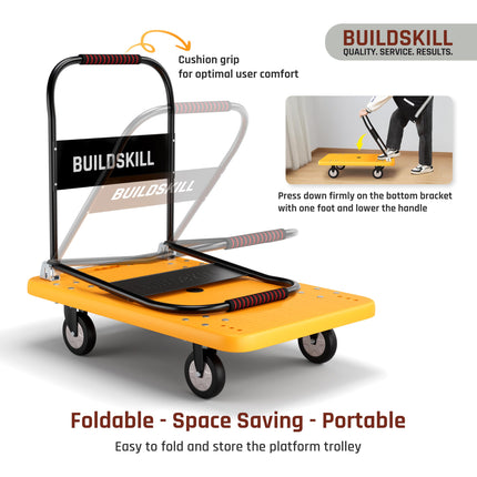 BUILDSKILL 250kg Platform Trolley | 360° Rotating TPR Wheels | 81cm x 57cm Heavy Duty Cushioned Grip Foldable Trolley with Wheels | Metal Beams Support | for Industrial, Warehouse, Office & Home use 
