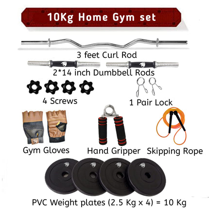BULLAR Home Gym Set (8-30) kg Home Gym Combo with Curl Rod and Pair of Dumbbell Rods Gym Equipment for Men and Exercise Accessories for Fitness. (10 kg Home Gym Set) 
