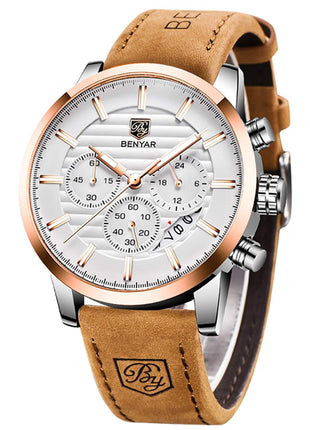 BY BENYAR Quartz Chronograph Waterproof White Dial Business and Sport Design Leather Band Strap Men's Wrist Watch (Brown) 