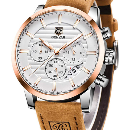 BY BENYAR Quartz Chronograph Waterproof White Dial Business and Sport Design Leather Band Strap Men's Wrist Watch (Brown) 